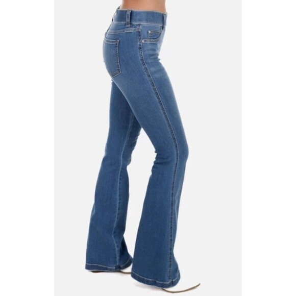 SPANX VINTAGE INDIGO FLARE Wide Leg Blue Denim pull-on Jeans Stretch Size L - Picture 1 of 9